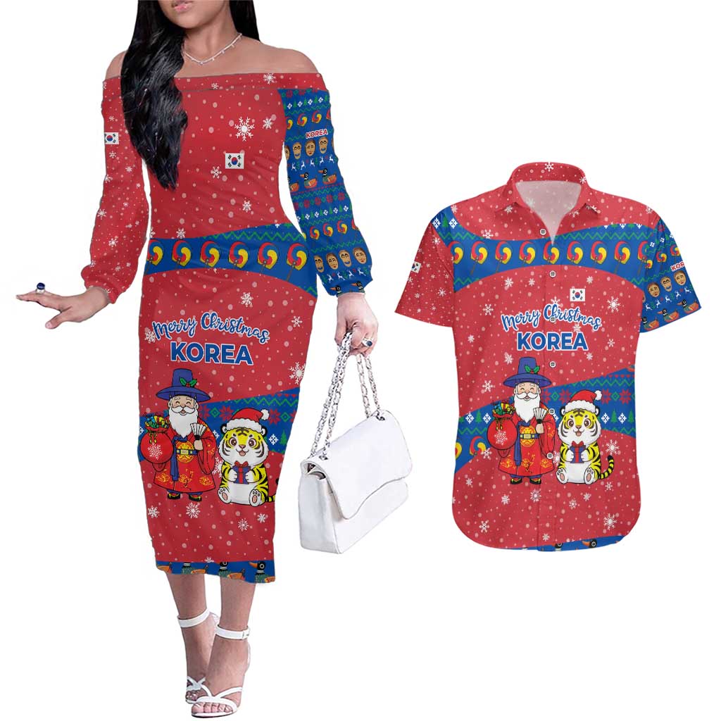 Korea Christmas Couples Matching Off The Shoulder Long Sleeve Dress and Hawaiian Shirt with Santa in Hanbok Tiger Character and Traditional Mask Pattern Design - Wonder Print Shop