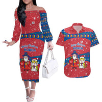 Korea Christmas Couples Matching Off The Shoulder Long Sleeve Dress and Hawaiian Shirt with Santa in Hanbok Tiger Character and Traditional Mask Pattern Design - Wonder Print Shop