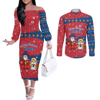 Korea Christmas Couples Matching Off The Shoulder Long Sleeve Dress and Long Sleeve Button Shirt with Santa in Hanbok Tiger Character and Traditional Mask Pattern Design - Wonder Print Shop