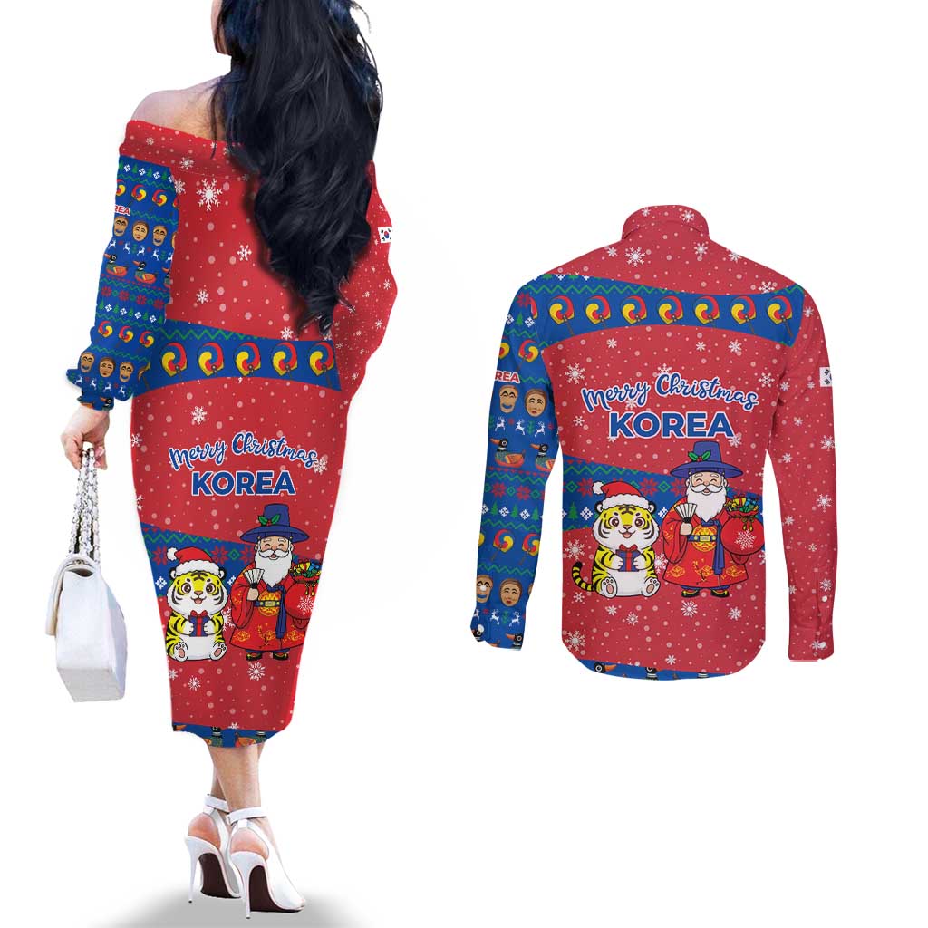 Korea Christmas Couples Matching Off The Shoulder Long Sleeve Dress and Long Sleeve Button Shirt with Santa in Hanbok Tiger Character and Traditional Mask Pattern Design - Wonder Print Shop
