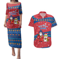 Korea Christmas Couples Matching Puletasi and Hawaiian Shirt with Santa in Hanbok Tiger Character and Traditional Mask Pattern Design - Wonder Print Shop