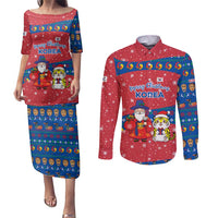 Korea Christmas Couples Matching Puletasi and Long Sleeve Button Shirt with Santa in Hanbok Tiger Character and Traditional Mask Pattern Design - Wonder Print Shop