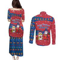 Korea Christmas Couples Matching Puletasi and Long Sleeve Button Shirt with Santa in Hanbok Tiger Character and Traditional Mask Pattern Design - Wonder Print Shop