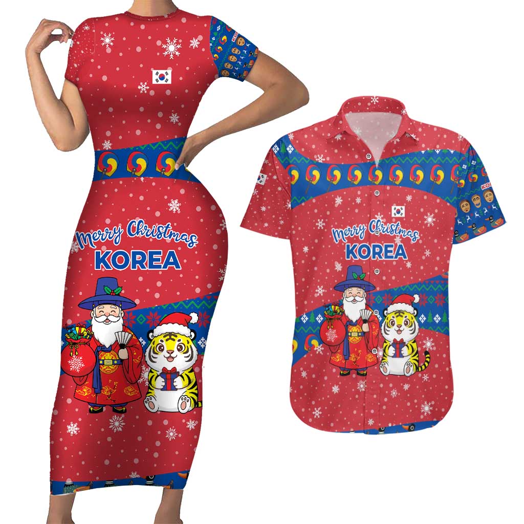 Korea Christmas Couples Matching Short Sleeve Bodycon Dress and Hawaiian Shirt with Santa in Hanbok Tiger Character and Traditional Mask Pattern Design - Wonder Print Shop