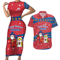 Korea Christmas Couples Matching Short Sleeve Bodycon Dress and Hawaiian Shirt with Santa in Hanbok Tiger Character and Traditional Mask Pattern Design - Wonder Print Shop