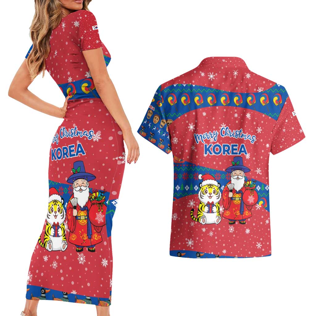 Korea Christmas Couples Matching Short Sleeve Bodycon Dress and Hawaiian Shirt with Santa in Hanbok Tiger Character and Traditional Mask Pattern Design - Wonder Print Shop