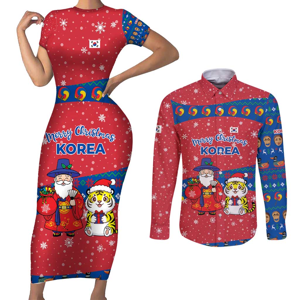 Korea Christmas Couples Matching Short Sleeve Bodycon Dress and Long Sleeve Button Shirt with Santa in Hanbok Tiger Character and Traditional Mask Pattern Design - Wonder Print Shop