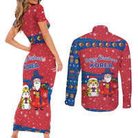 Korea Christmas Couples Matching Short Sleeve Bodycon Dress and Long Sleeve Button Shirt with Santa in Hanbok Tiger Character and Traditional Mask Pattern Design - Wonder Print Shop