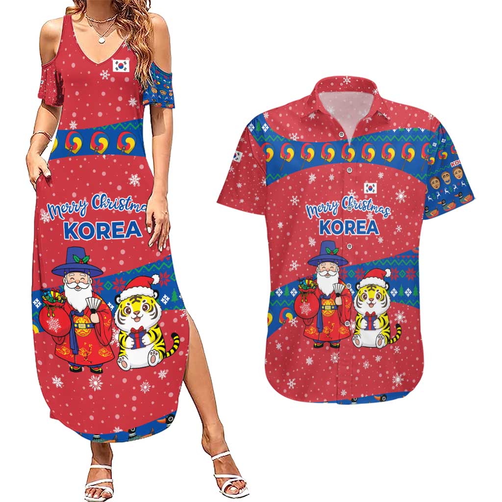 Korea Christmas Couples Matching Summer Maxi Dress and Hawaiian Shirt with Santa in Hanbok Tiger Character and Traditional Mask Pattern Design - Wonder Print Shop
