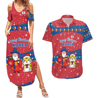 Korea Christmas Couples Matching Summer Maxi Dress and Hawaiian Shirt with Santa in Hanbok Tiger Character and Traditional Mask Pattern Design - Wonder Print Shop