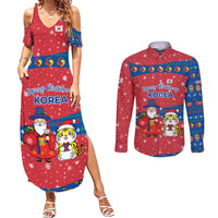 Korea Christmas Couples Matching Summer Maxi Dress and Long Sleeve Button Shirt with Santa in Hanbok Tiger Character and Traditional Mask Pattern Design - Wonder Print Shop