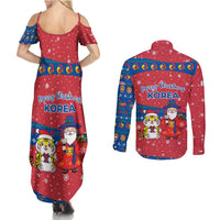 Korea Christmas Couples Matching Summer Maxi Dress and Long Sleeve Button Shirt with Santa in Hanbok Tiger Character and Traditional Mask Pattern Design - Wonder Print Shop