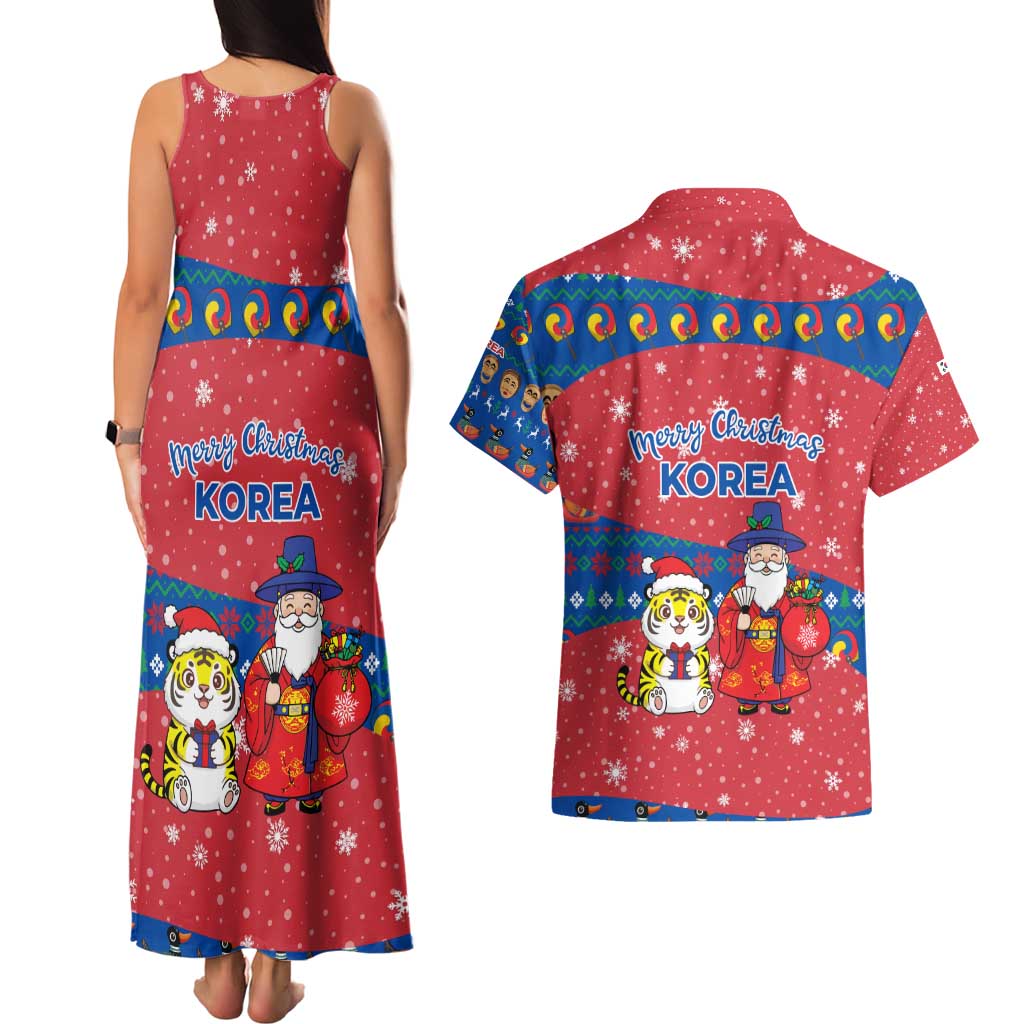 Korea Christmas Couples Matching Tank Maxi Dress and Hawaiian Shirt with Santa in Hanbok Tiger Character and Traditional Mask Pattern Design - Wonder Print Shop