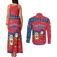 Korea Christmas Couples Matching Tank Maxi Dress and Long Sleeve Button Shirt with Santa in Hanbok Tiger Character and Traditional Mask Pattern Design - Wonder Print Shop