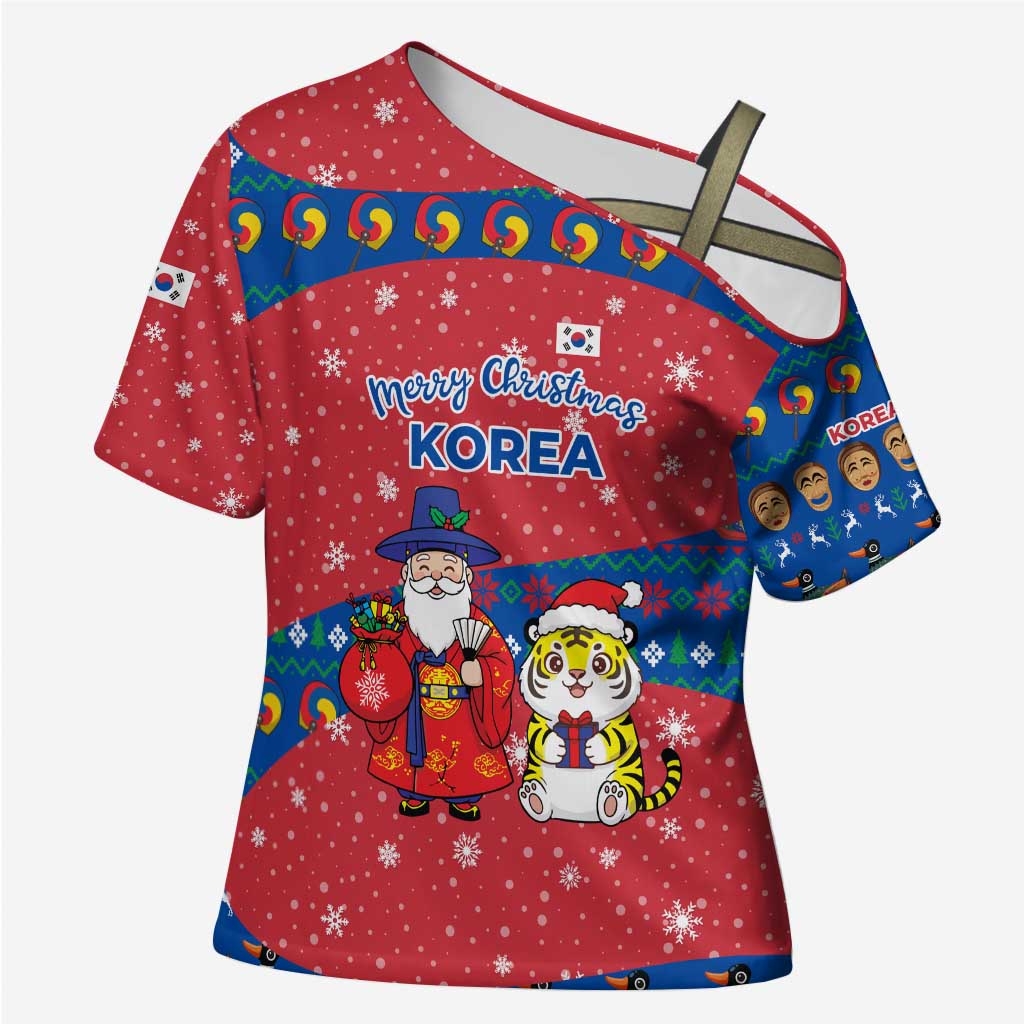 Korea Christmas Cross Shoulder Shirt with Santa in Hanbok Tiger Character and Traditional Mask Pattern Design - Wonder Print Shop