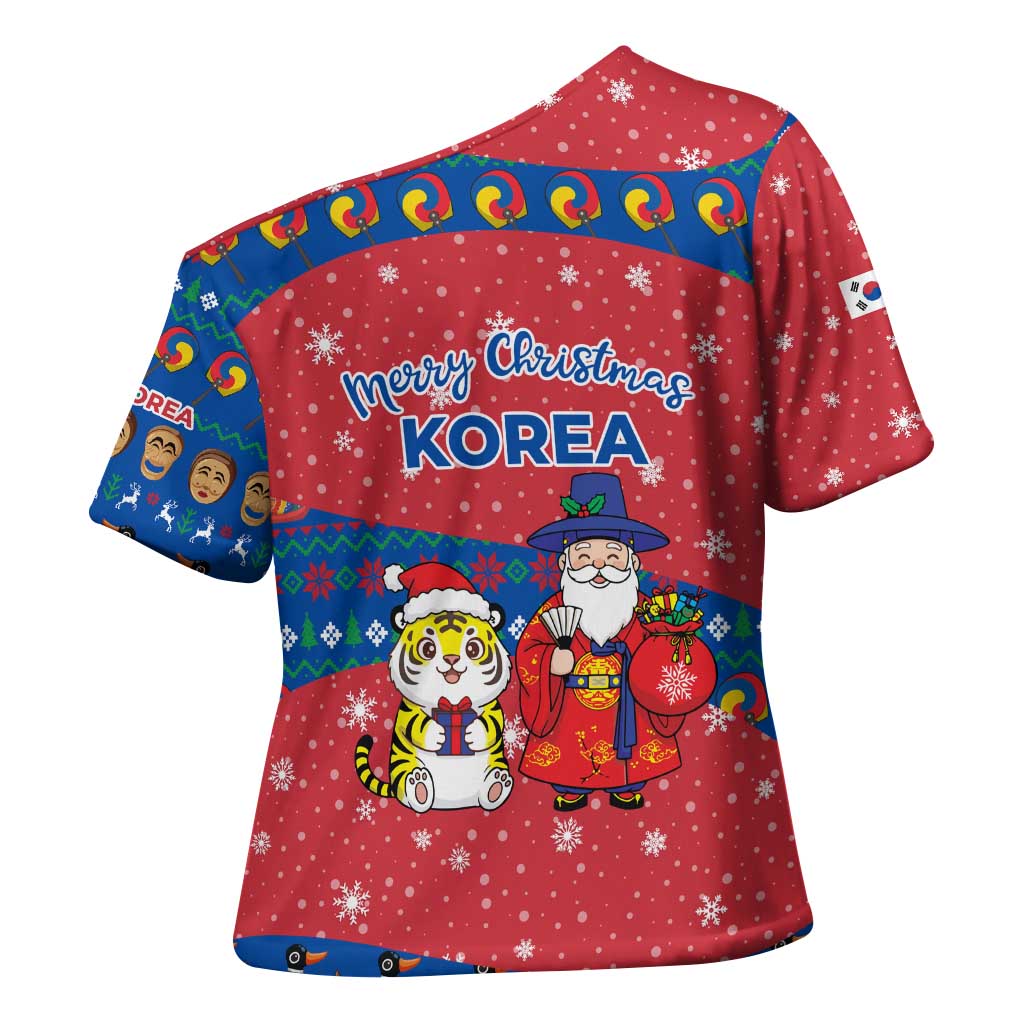 Korea Christmas Cross Shoulder Shirt with Santa in Hanbok Tiger Character and Traditional Mask Pattern Design - Wonder Print Shop