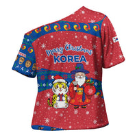 Korea Christmas Cross Shoulder Shirt with Santa in Hanbok Tiger Character and Traditional Mask Pattern Design - Wonder Print Shop