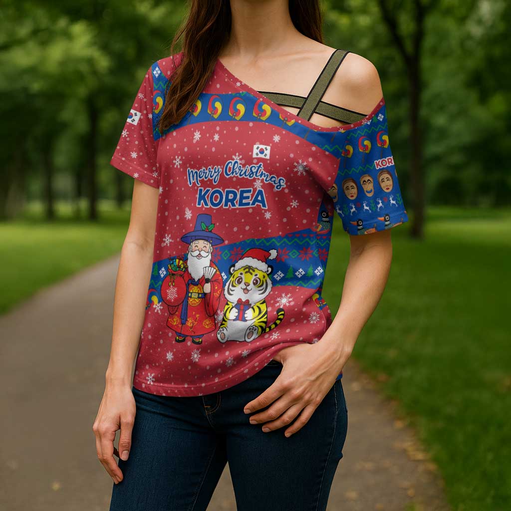 Korea Christmas Cross Shoulder Shirt with Santa in Hanbok Tiger Character and Traditional Mask Pattern Design - Wonder Print Shop
