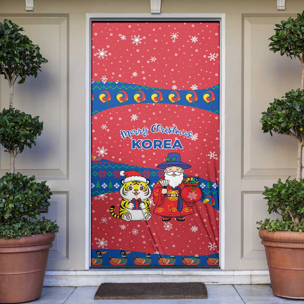 Korea Christmas Door Cover with Santa in Hanbok Tiger Character and Traditional Mask Pattern Design - Wonder Print Shop