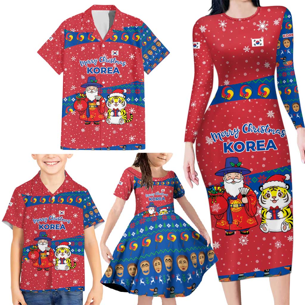 Korea Christmas Family Matching Long Sleeve Bodycon Dress and Hawaiian Shirt with Santa in Hanbok Tiger Character and Traditional Mask Pattern Design - Wonder Print Shop