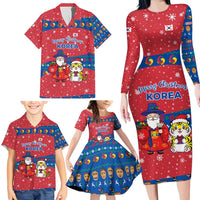 Korea Christmas Family Matching Long Sleeve Bodycon Dress and Hawaiian Shirt with Santa in Hanbok Tiger Character and Traditional Mask Pattern Design - Wonder Print Shop