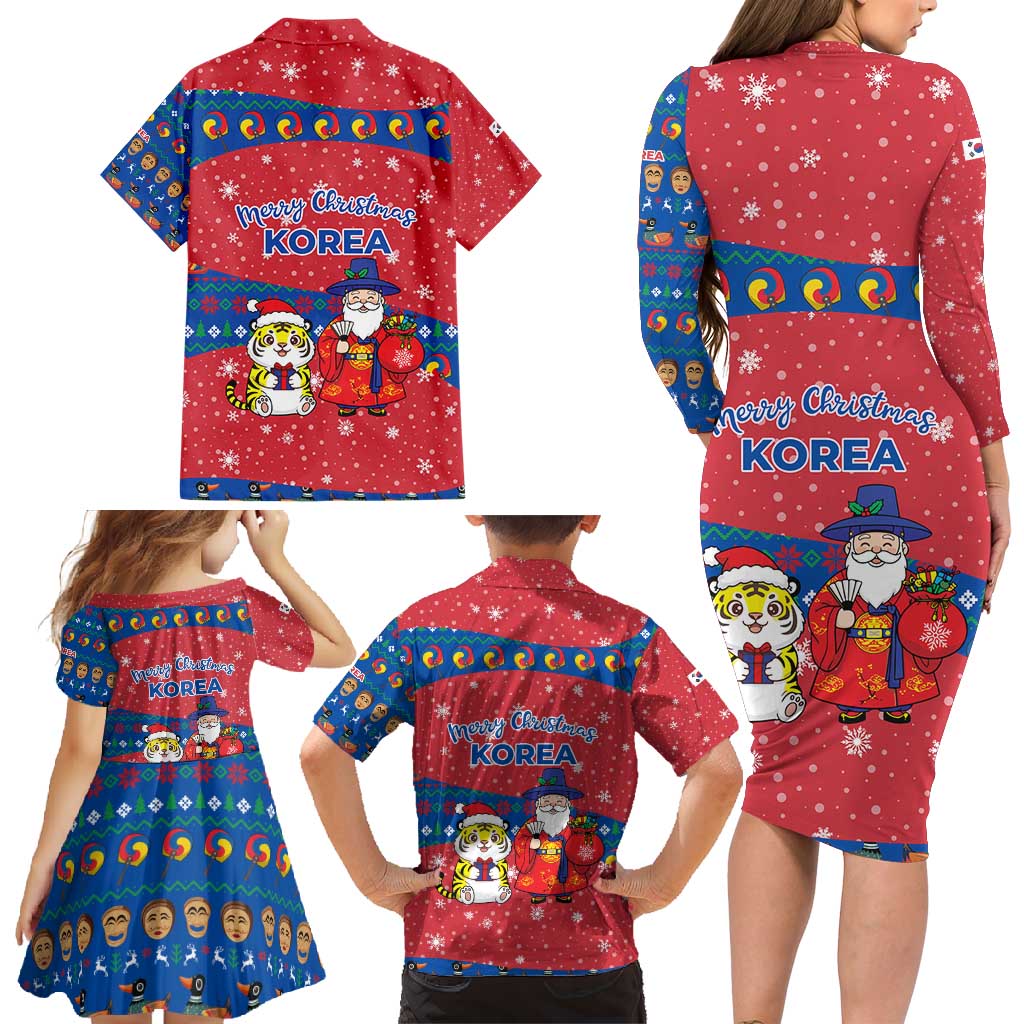 Korea Christmas Family Matching Long Sleeve Bodycon Dress and Hawaiian Shirt with Santa in Hanbok Tiger Character and Traditional Mask Pattern Design - Wonder Print Shop