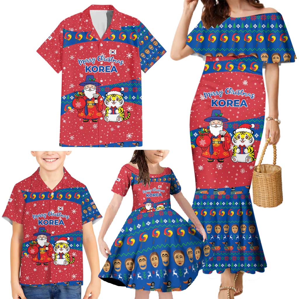 Korea Christmas Family Matching Mermaid Dress and Hawaiian Shirt with Santa in Hanbok Tiger Character and Traditional Mask Pattern Design - Wonder Print Shop
