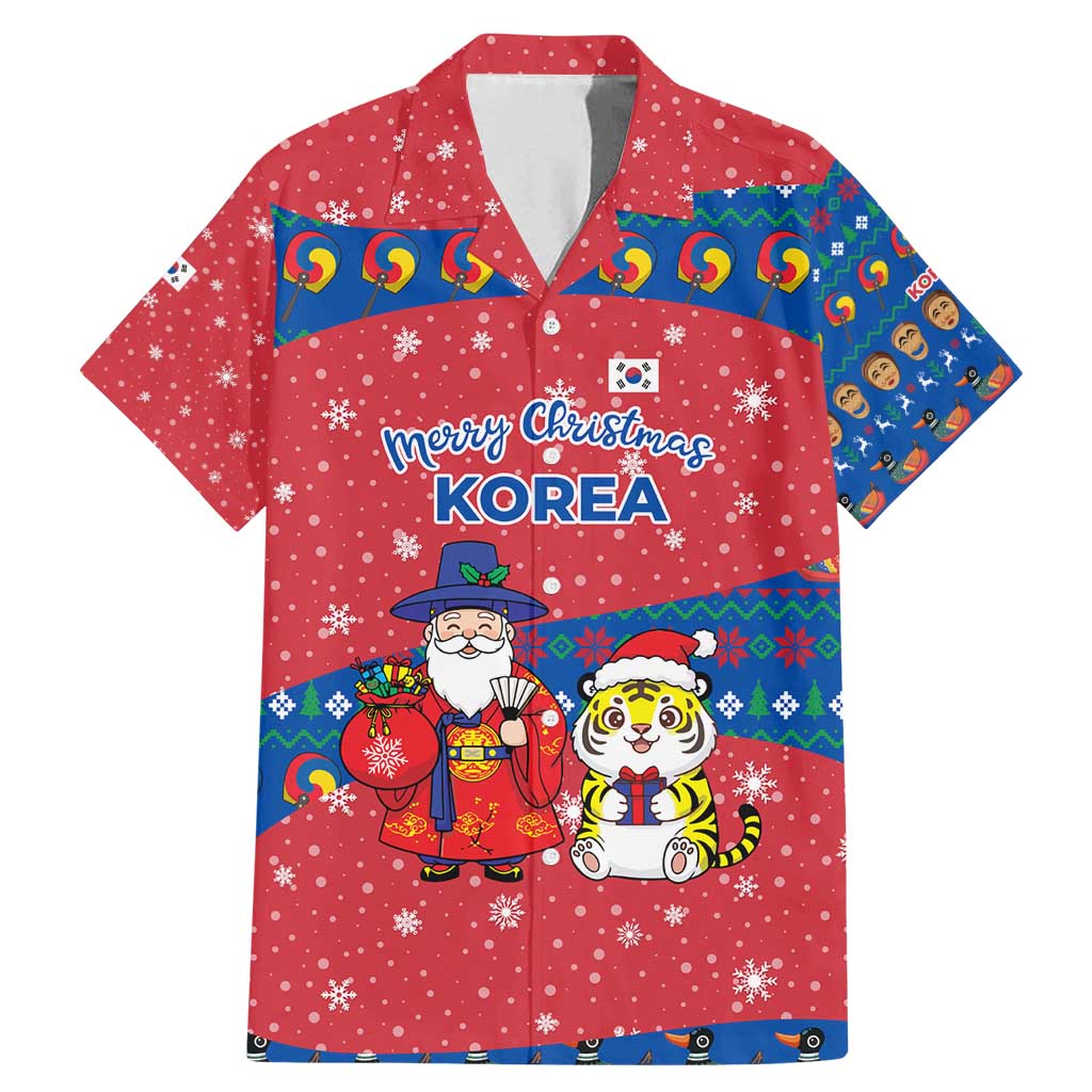 Korea Christmas Family Matching Mermaid Dress and Hawaiian Shirt with Santa in Hanbok Tiger Character and Traditional Mask Pattern Design - Wonder Print Shop