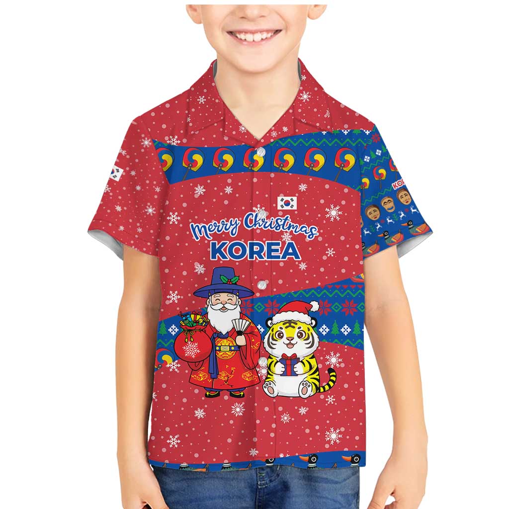 Korea Christmas Family Matching Mermaid Dress and Hawaiian Shirt with Santa in Hanbok Tiger Character and Traditional Mask Pattern Design - Wonder Print Shop