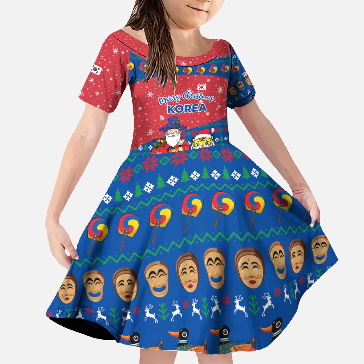 Korea Christmas Family Matching Off The Shoulder Long Sleeve Dress and Hawaiian Shirt with Santa in Hanbok Tiger Character and Traditional Mask Pattern Design - Wonder Print Shop