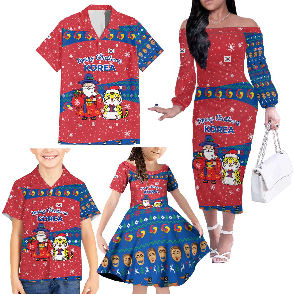 Korea Christmas Family Matching Off The Shoulder Long Sleeve Dress and Hawaiian Shirt with Santa in Hanbok Tiger Character and Traditional Mask Pattern Design - Wonder Print Shop