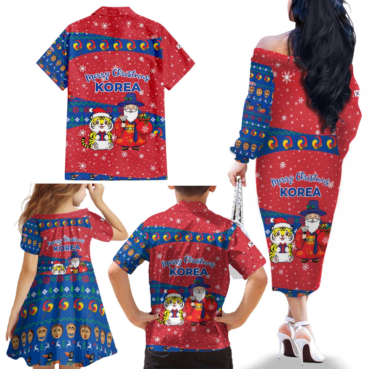 Korea Christmas Family Matching Off The Shoulder Long Sleeve Dress and Hawaiian Shirt with Santa in Hanbok Tiger Character and Traditional Mask Pattern Design - Wonder Print Shop