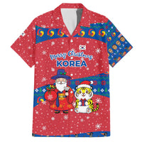 Korea Christmas Family Matching Off The Shoulder Long Sleeve Dress and Hawaiian Shirt with Santa in Hanbok Tiger Character and Traditional Mask Pattern Design - Wonder Print Shop