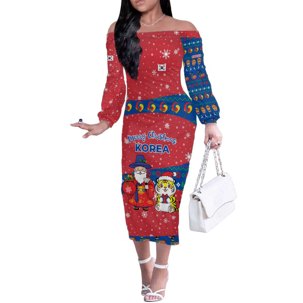 Korea Christmas Family Matching Off The Shoulder Long Sleeve Dress and Hawaiian Shirt with Santa in Hanbok Tiger Character and Traditional Mask Pattern Design - Wonder Print Shop