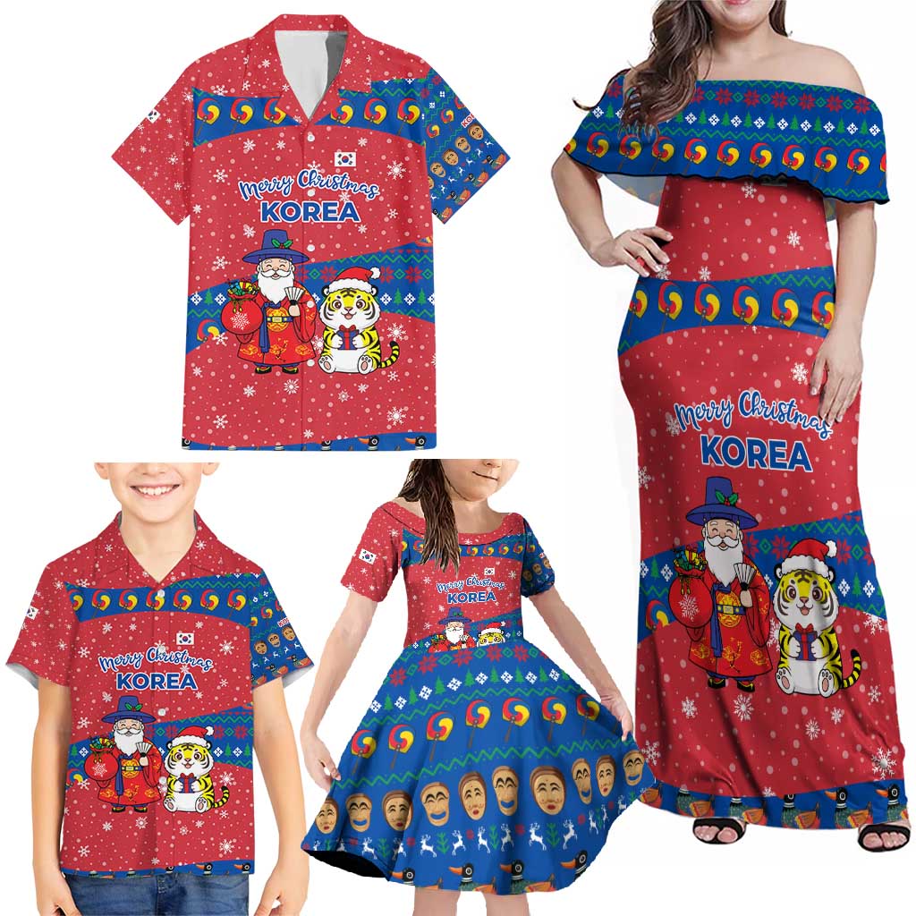 Korea Christmas Family Matching Off Shoulder Maxi Dress and Hawaiian Shirt with Santa in Hanbok Tiger Character and Traditional Mask Pattern Design - Wonder Print Shop