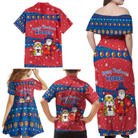 Korea Christmas Family Matching Off Shoulder Maxi Dress and Hawaiian Shirt with Santa in Hanbok Tiger Character and Traditional Mask Pattern Design - Wonder Print Shop