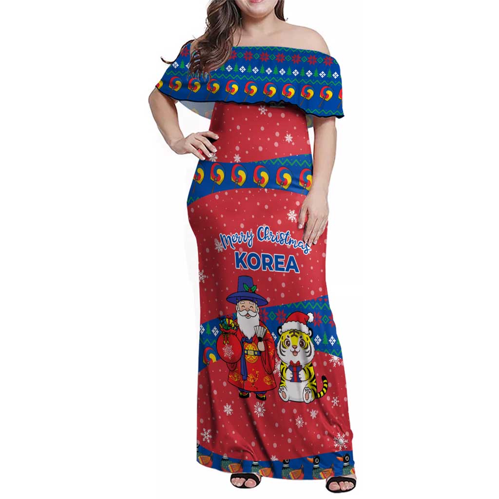 Korea Christmas Family Matching Off Shoulder Maxi Dress and Hawaiian Shirt with Santa in Hanbok Tiger Character and Traditional Mask Pattern Design - Wonder Print Shop