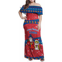 Korea Christmas Family Matching Off Shoulder Maxi Dress and Hawaiian Shirt with Santa in Hanbok Tiger Character and Traditional Mask Pattern Design - Wonder Print Shop
