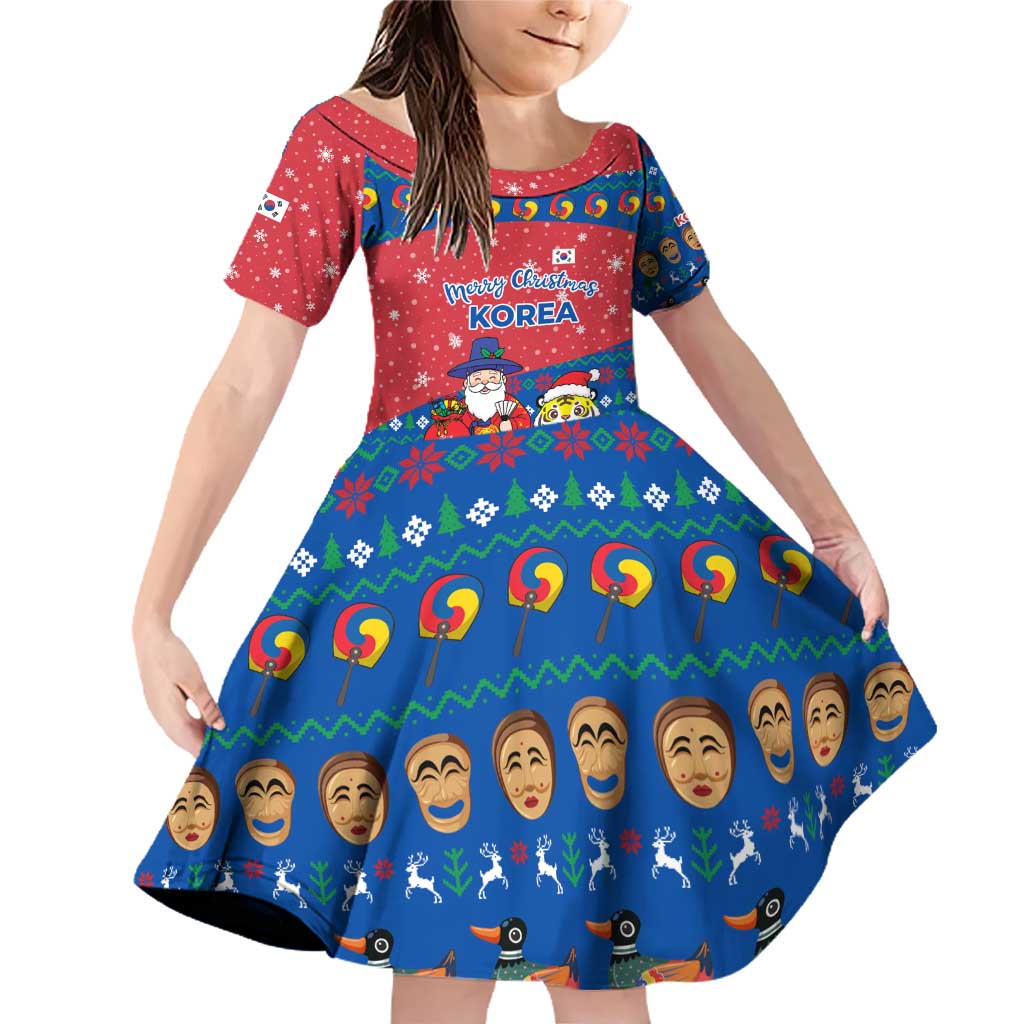 Korea Christmas Family Matching Off Shoulder Short Dress and Hawaiian Shirt with Santa in Hanbok Tiger Character and Traditional Mask Pattern Design - Wonder Print Shop