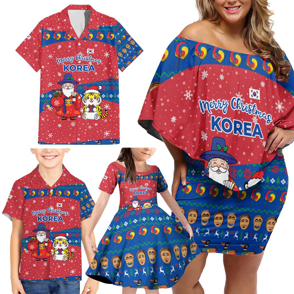Korea Christmas Family Matching Off Shoulder Short Dress and Hawaiian Shirt with Santa in Hanbok Tiger Character and Traditional Mask Pattern Design - Wonder Print Shop
