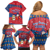 Korea Christmas Family Matching Off Shoulder Short Dress and Hawaiian Shirt with Santa in Hanbok Tiger Character and Traditional Mask Pattern Design - Wonder Print Shop