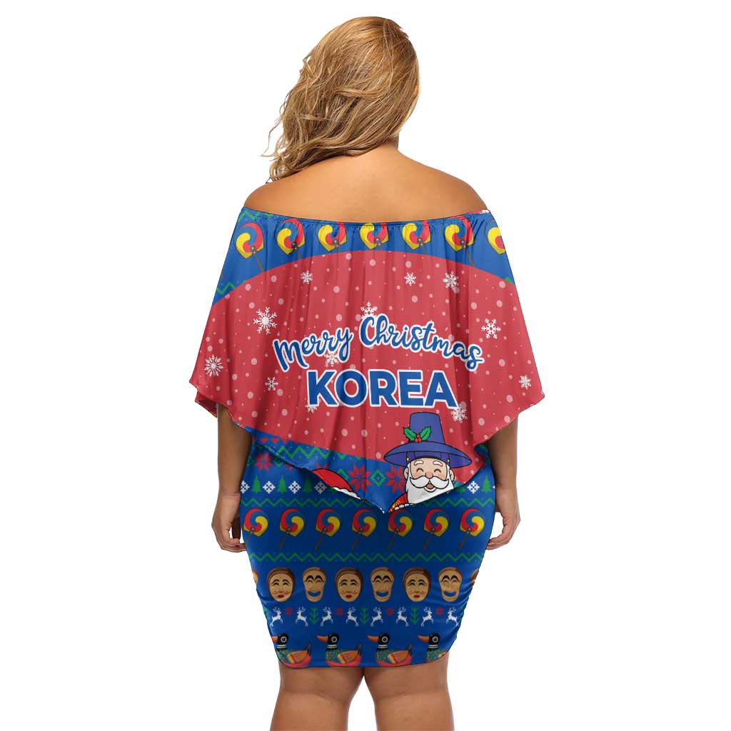 Korea Christmas Family Matching Off Shoulder Short Dress and Hawaiian Shirt with Santa in Hanbok Tiger Character and Traditional Mask Pattern Design - Wonder Print Shop