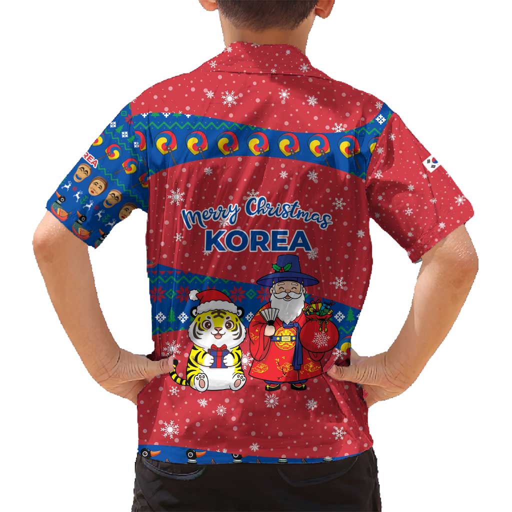 Korea Christmas Family Matching Puletasi and Hawaiian Shirt with Santa in Hanbok Tiger Character and Traditional Mask Pattern Design - Wonder Print Shop