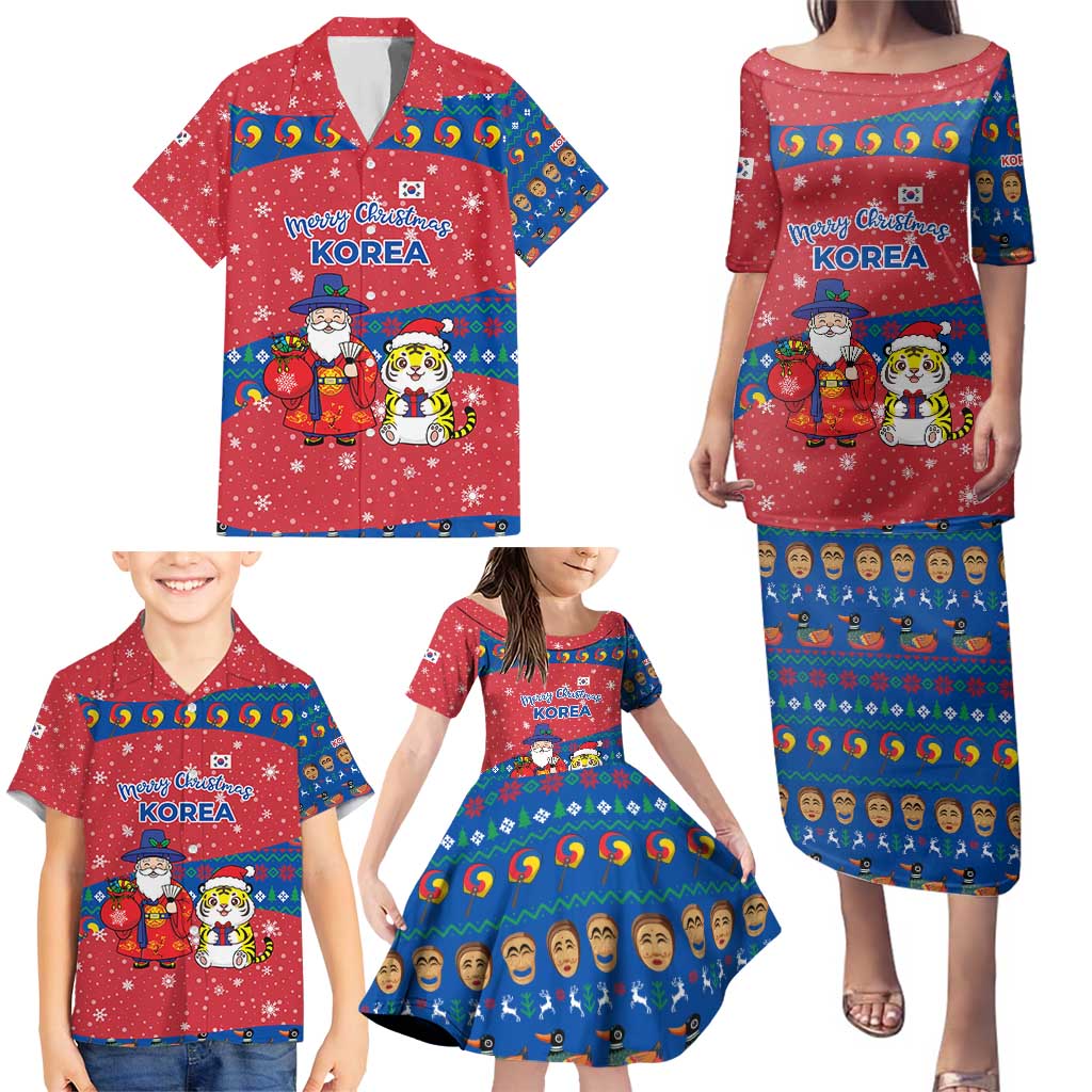 Korea Christmas Family Matching Puletasi and Hawaiian Shirt with Santa in Hanbok Tiger Character and Traditional Mask Pattern Design - Wonder Print Shop