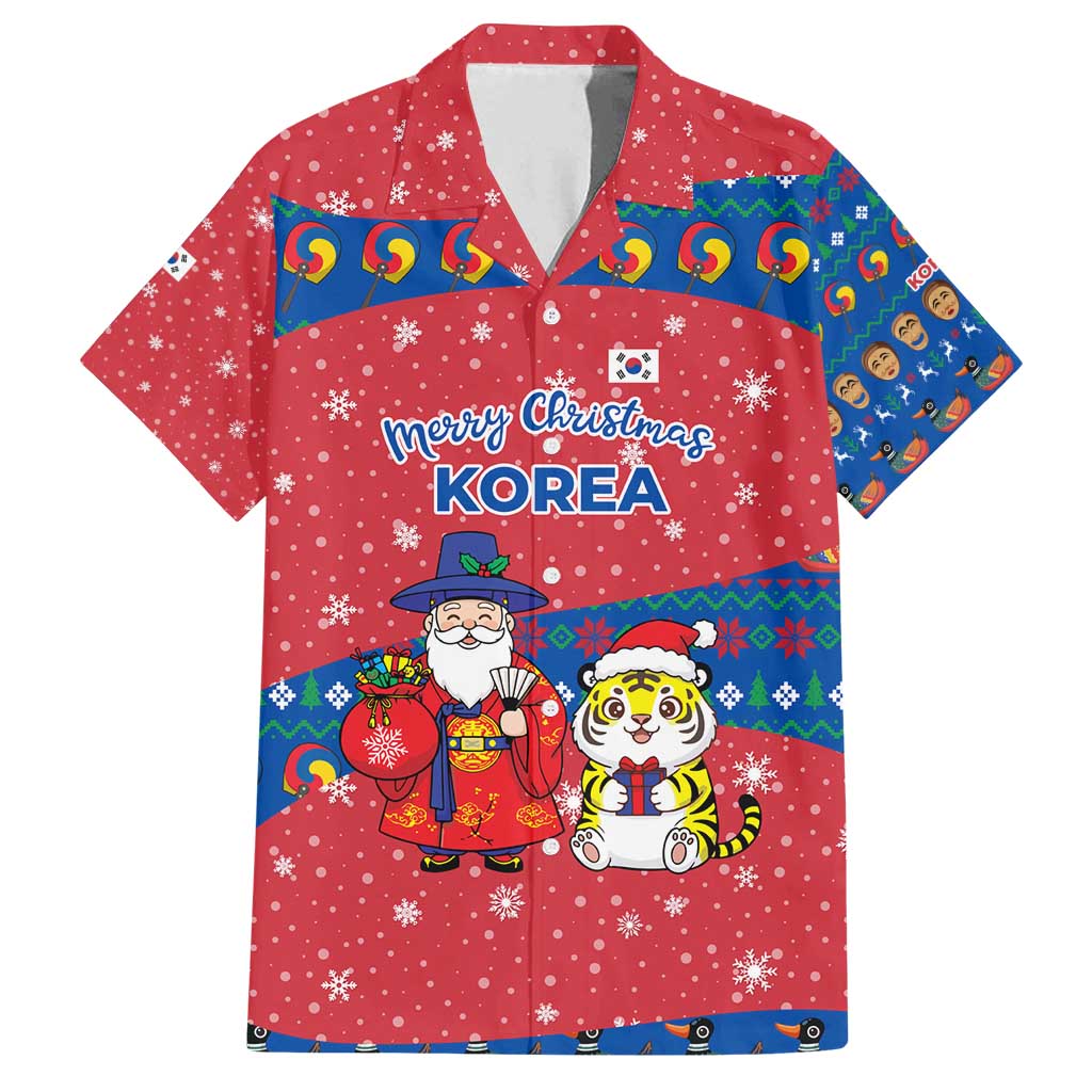 Korea Christmas Family Matching Puletasi and Hawaiian Shirt with Santa in Hanbok Tiger Character and Traditional Mask Pattern Design - Wonder Print Shop