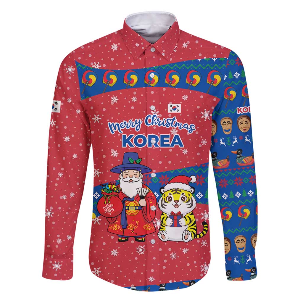 Korea Christmas Family Matching Puletasi and Hawaiian Shirt with Santa in Hanbok Tiger Character and Traditional Mask Pattern Design - Wonder Print Shop
