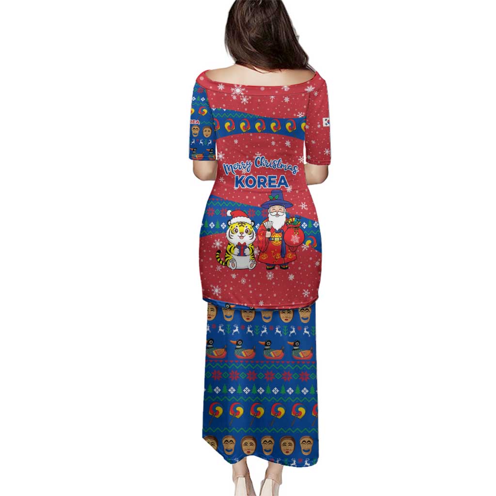 Korea Christmas Family Matching Puletasi and Hawaiian Shirt with Santa in Hanbok Tiger Character and Traditional Mask Pattern Design - Wonder Print Shop