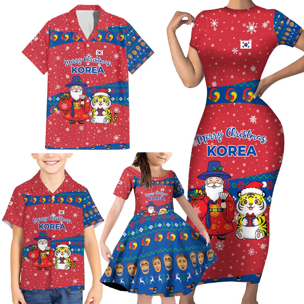 Korea Christmas Family Matching Short Sleeve Bodycon Dress and Hawaiian Shirt with Santa in Hanbok Tiger Character and Traditional Mask Pattern Design - Wonder Print Shop