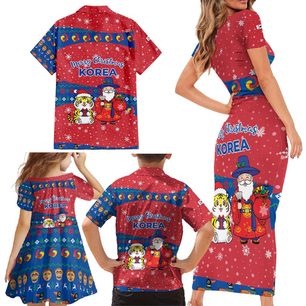 Korea Christmas Family Matching Short Sleeve Bodycon Dress and Hawaiian Shirt with Santa in Hanbok Tiger Character and Traditional Mask Pattern Design - Wonder Print Shop