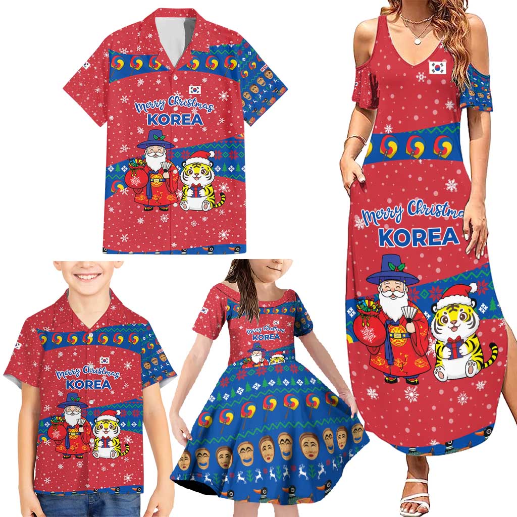 Korea Christmas Family Matching Summer Maxi Dress and Hawaiian Shirt with Santa in Hanbok Tiger Character and Traditional Mask Pattern Design - Wonder Print Shop